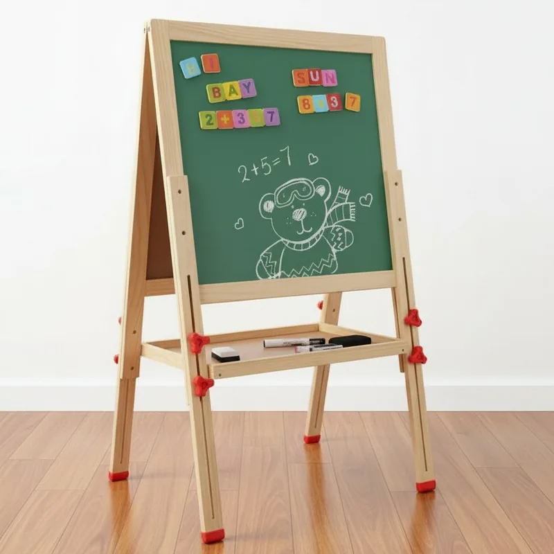 Wooden Easel Board for Kids | Magnetic Whiteboard & Chalkboard, Adjustable Height, with Alphabets, Numbers, Marker, Colorful Chalks, Duster, Storage Trays, Safe Non-Toxic | 1 Set
