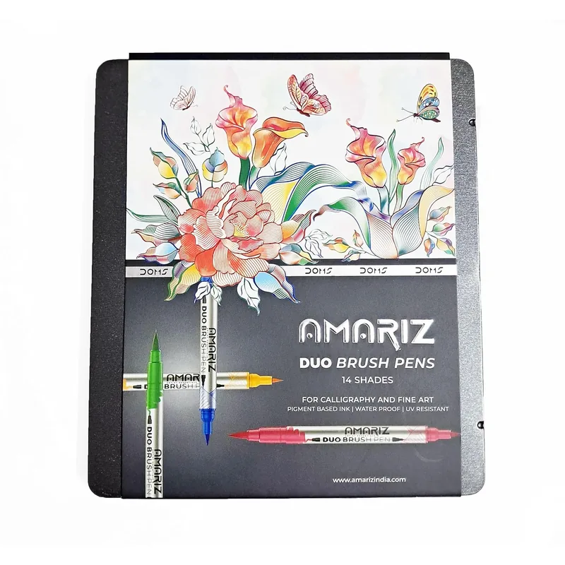 Doms Amariz Duo Brush Pens | 14 Shades Tin Box | For Calligraphy and fine Art | Pigment Based Ink | Water Proof | UV Resistant | 1 Set